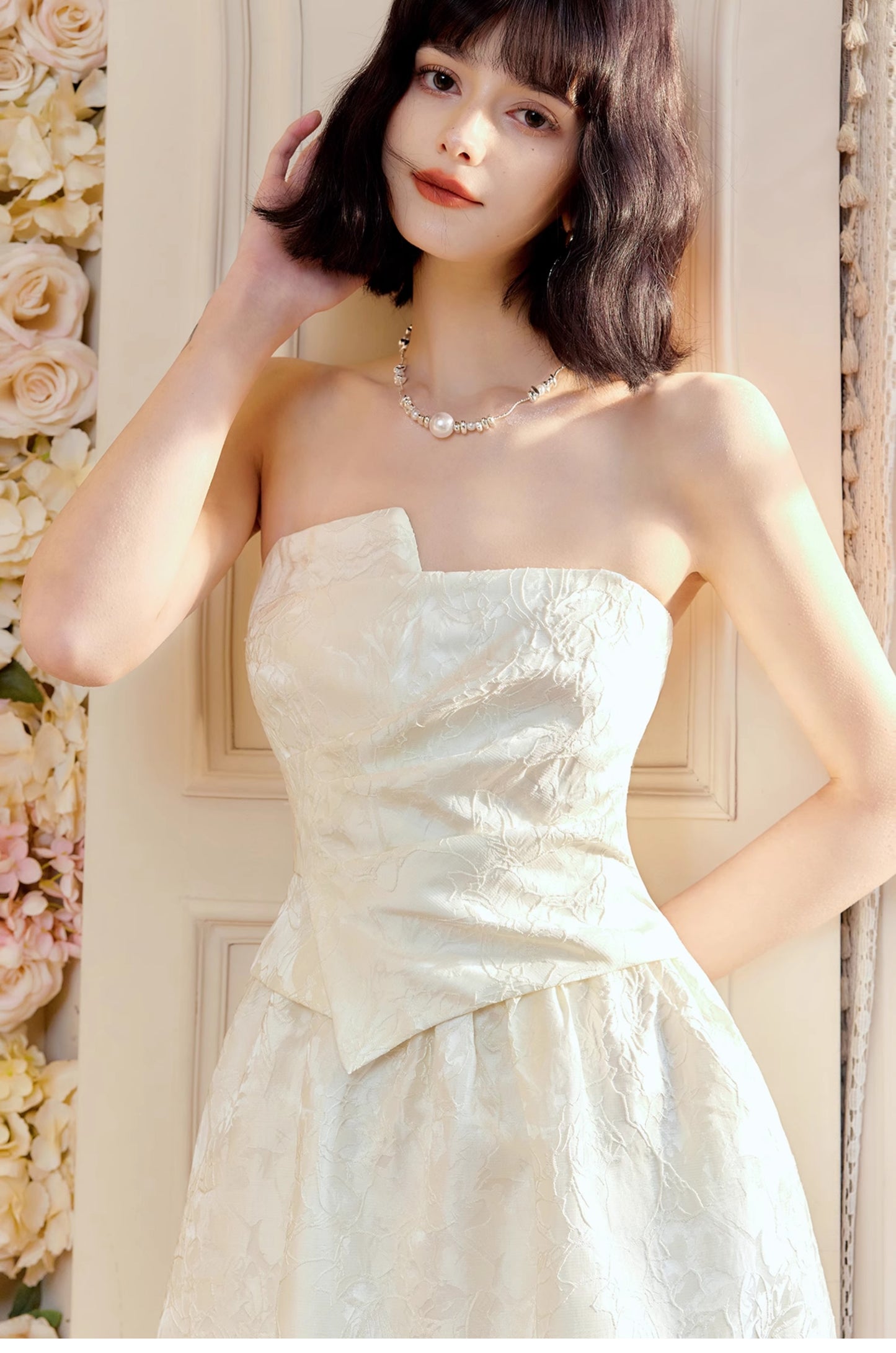 Pretty Moonlight White Strapless A-Line Jacquard Satin Evening Gowns Elegant Birthday Prom Dresses ED02252
