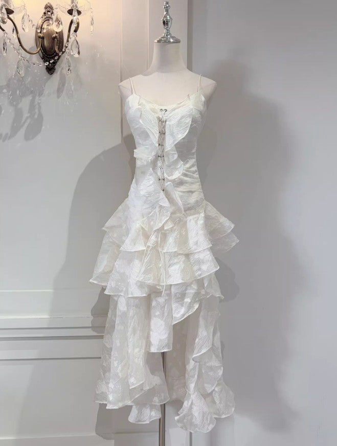 Sweet Light Apricot Spaghetti Strap Chiffon Ruffle Hi-Lo Birthday Party Dress ED02253