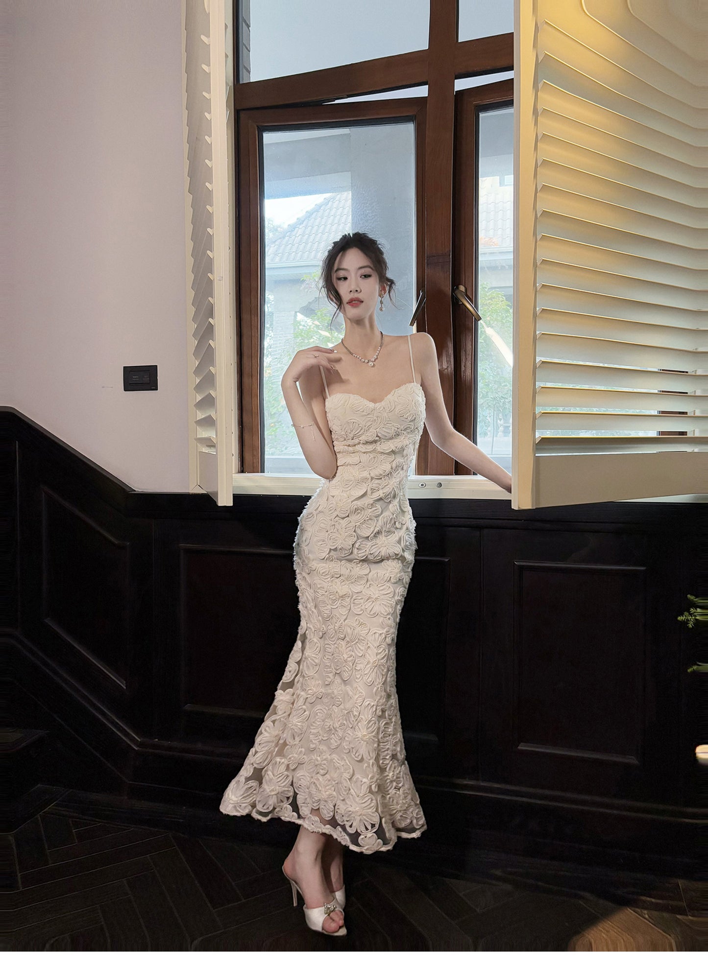 White Elegant 3D Flower Embroidery Spaghetti Straps Mermaid Birthday Party Dress ED02255