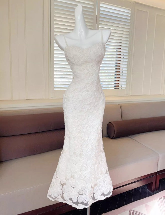 White Elegant 3D Flower Embroidery Spaghetti Straps Mermaid Birthday Party Dress ED02255