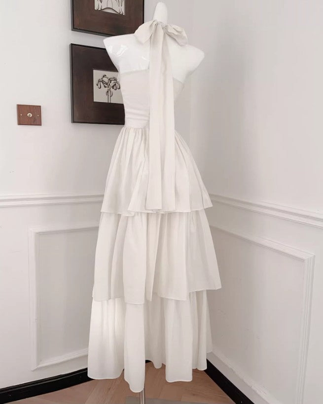 Cute Halter Neck Chiffon Layered A-Line White Party Dress ED02257
