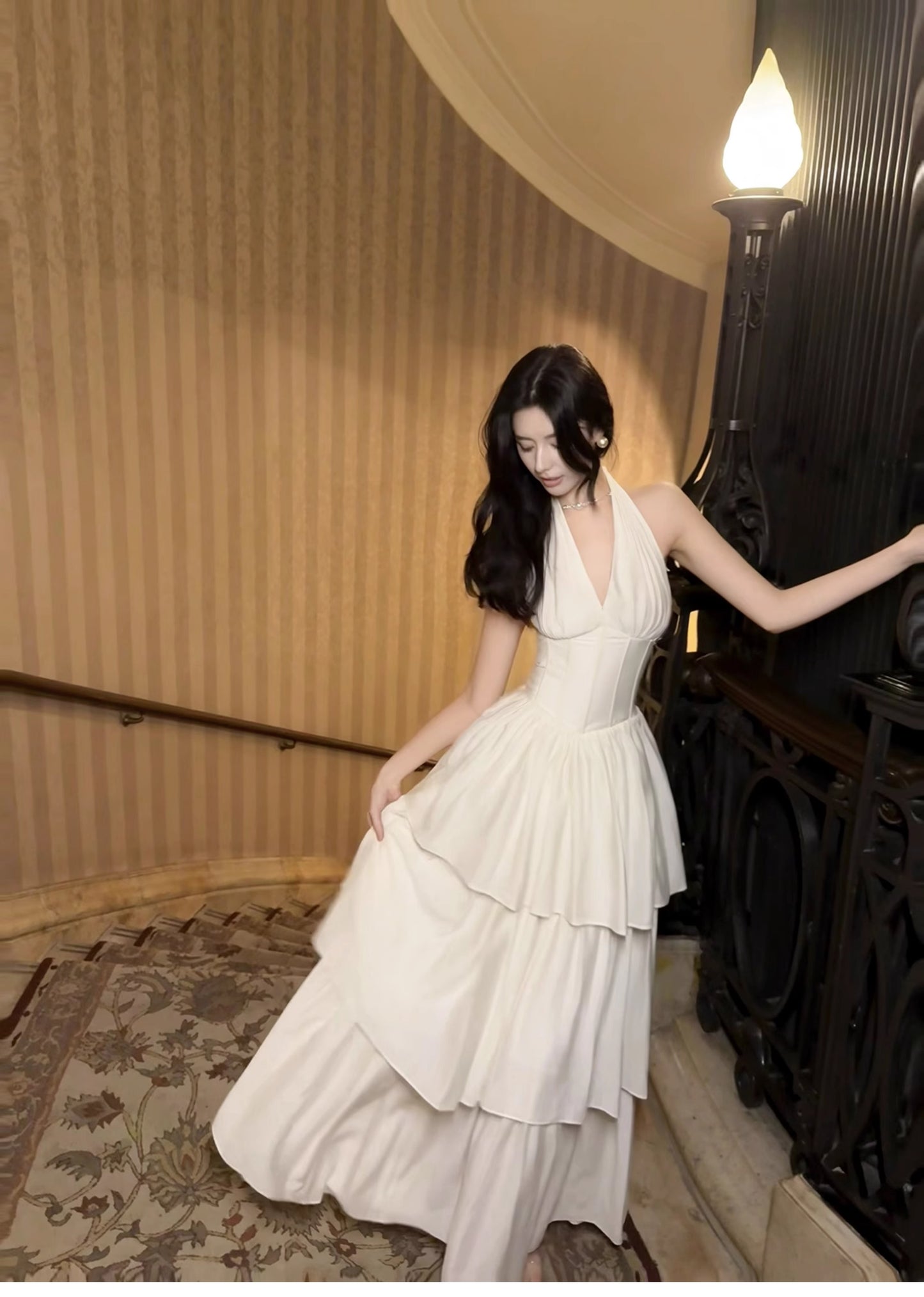 Cute Halter Neck Chiffon Layered A-Line White Party Dress ED02257