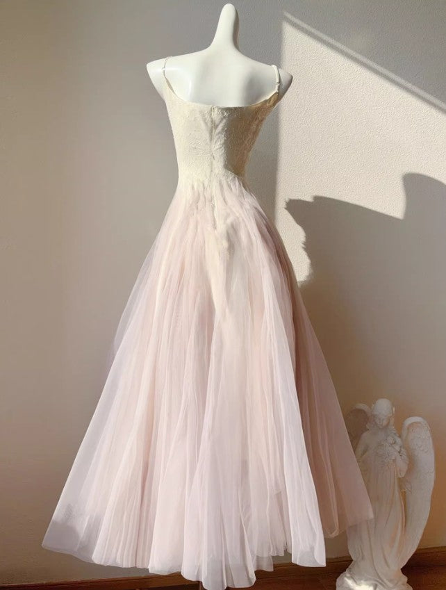 Sweet Pink Purple Lace Tulle Spaghetti Strap A-Line Prom Dresses ED02258