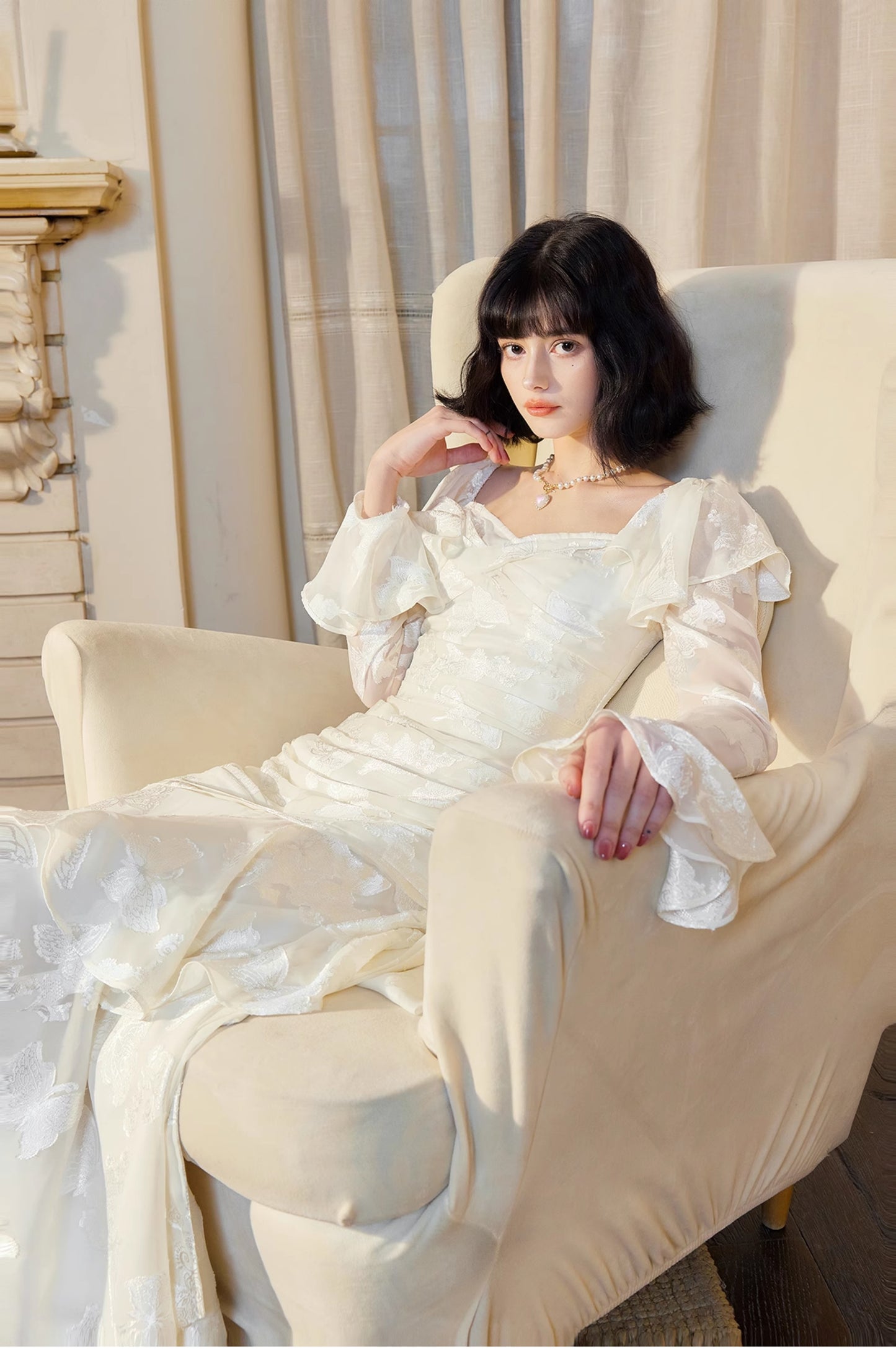 Elegant Light Apricot Chiffon Jacquard Long Sleeves Ruffled Evening Dress ED02259