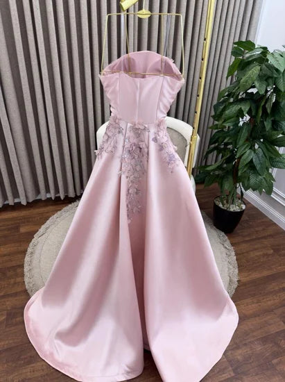 Elegant Pink A-Line Strapless Satin Prom Dress with Appliques Train Evening Gowns ED02268