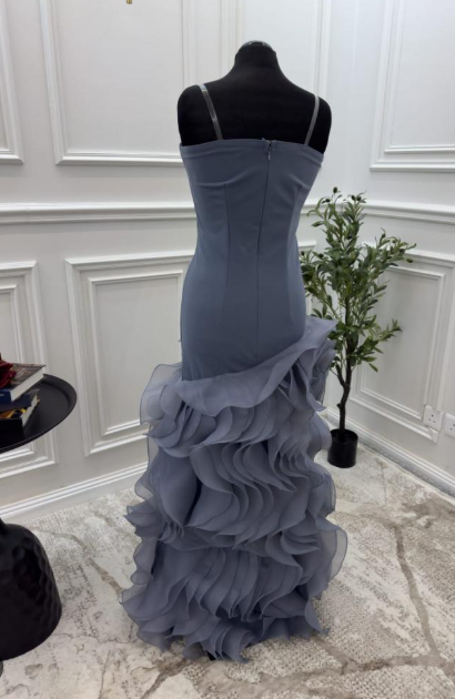 Dusty Blue Mermaid Strapless Long Tulle Prom Dress with Ruffle Evening Gowns ED02269