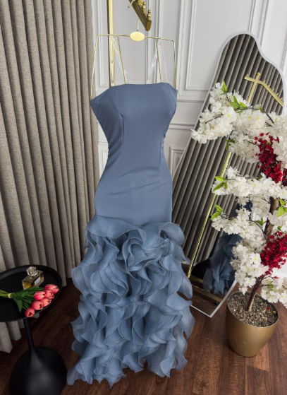 Dusty Blue Mermaid Strapless Long Tulle Prom Dress with Ruffle Evening Gowns ED02269