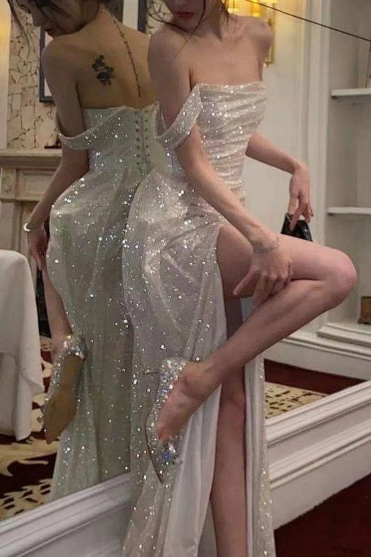 Elegantes schulterfreies Abendkleid in A-Linie mit silbernen Pailletten und Schlitz vorne, langes Ballkleid ED02270