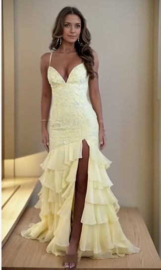 Stunning Lilac Mermaid Spaghetti Straps Silt Prom Dress Backless Lace Applique Evening Dress with Ruffles ED02271