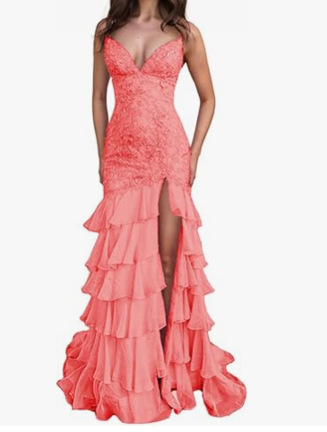 Atemberaubendes lila Meerjungfrau-Abschlussballkleid mit Spaghettiträgern, rückenfreiem Abendkleid mit Spitzenapplikation und Rüschen ED02271