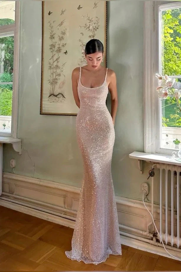 Bling Champagne Sheath Spaghetti Straps Mermaid Sequins Long Prom Dress for Party&Special Events ED02272