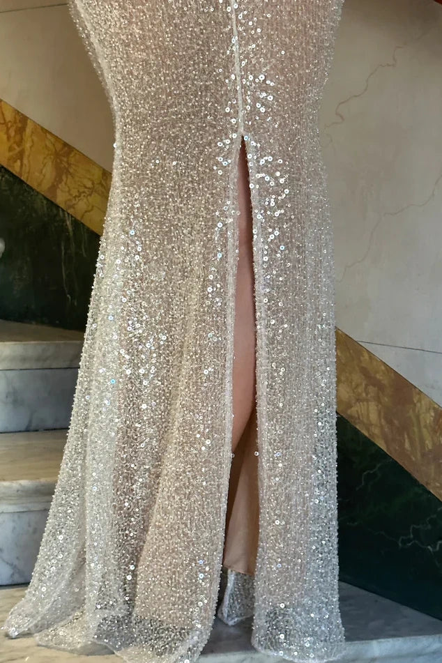 Bling Champagne Sheath Spaghetti Straps Mermaid Sequins Long Prom Dress for Party&Special Events ED02272
