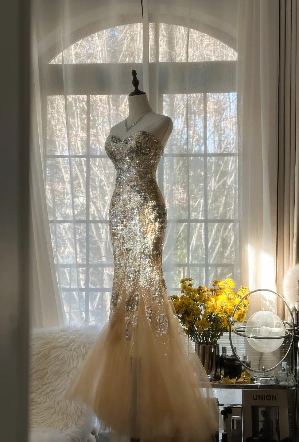 Gorgeous Light Champagne Sweetheart Neck Tulle Sequin Mermaid Long Prom Dresses Elegant Party Dress ED02286