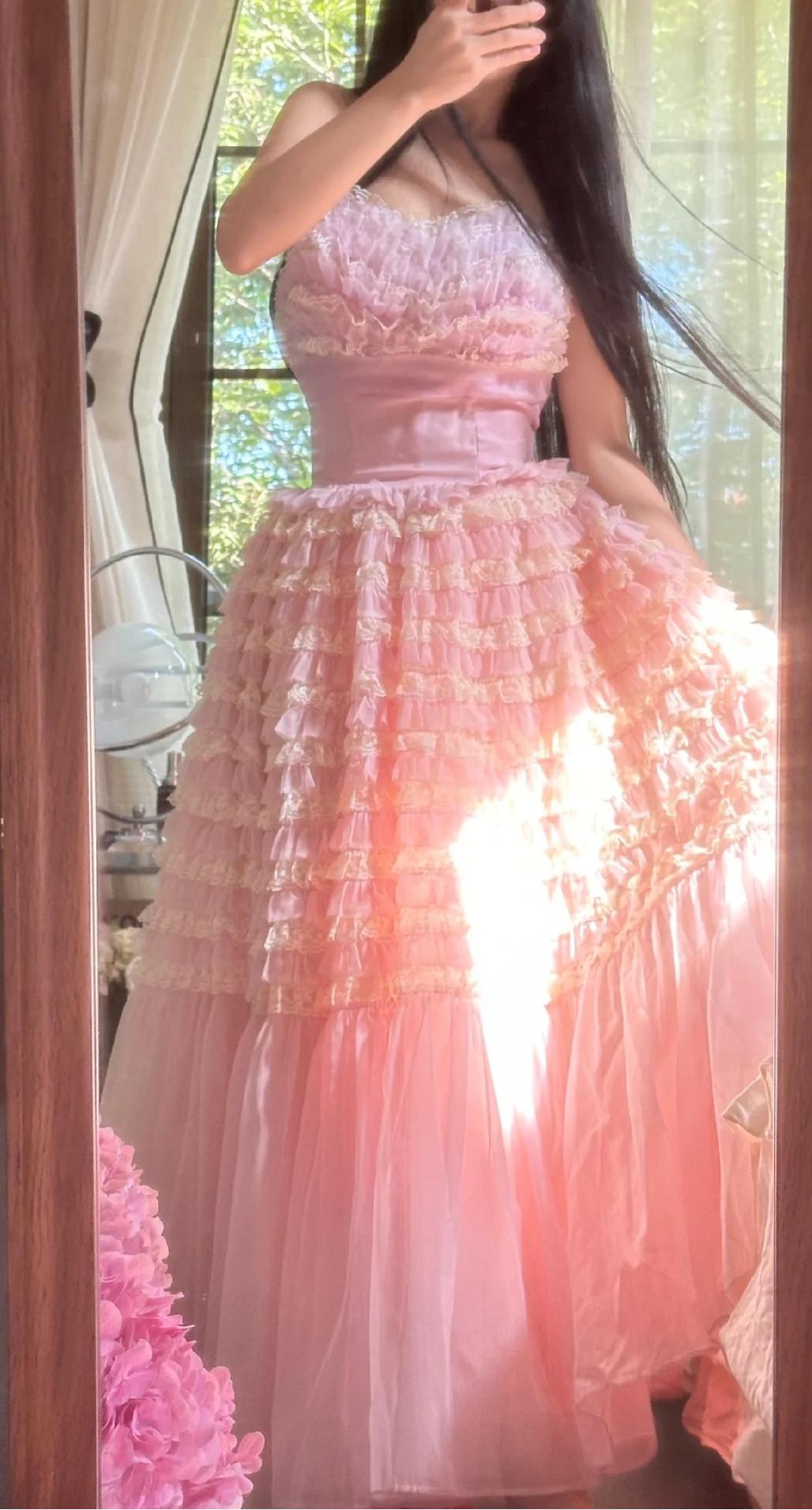 Süßes rosa Tüll-A-Linien-Kleid mit trägerlosem Abschlussballkleid, formelle Abendkleider, ED02290