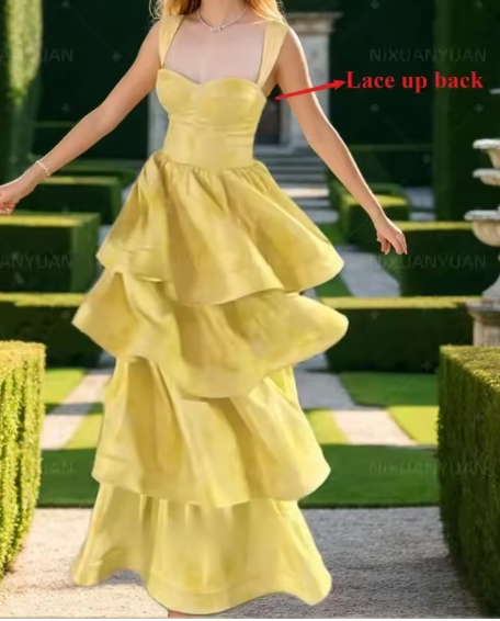 Sweet Butter Yellow Sweetheart Neck A-Line Jacquard Satin Layered Long Prom Dresses Formal Evening Dress ED02298