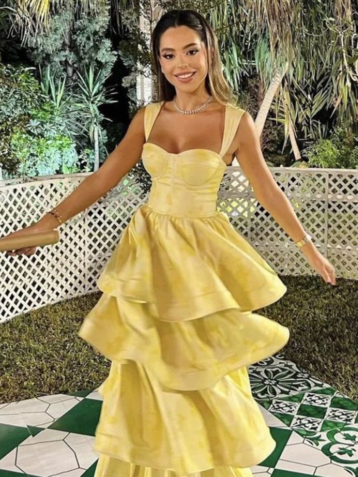 Sweet Butter Yellow Sweetheart Neck A-Line Jacquard Satin Layered Long Prom Dresses Formal Evening Dress ED02298