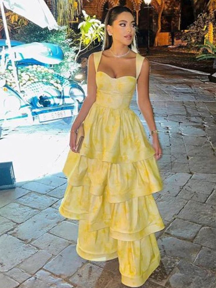 Sweet Butter Yellow Sweetheart Neck A-Line Jacquard Satin Layered Long EvaFashionDress Sweet Butter Yellow Sweetheart Neck A-Line Jacquard Satin Layered Long EvaFashionDress
