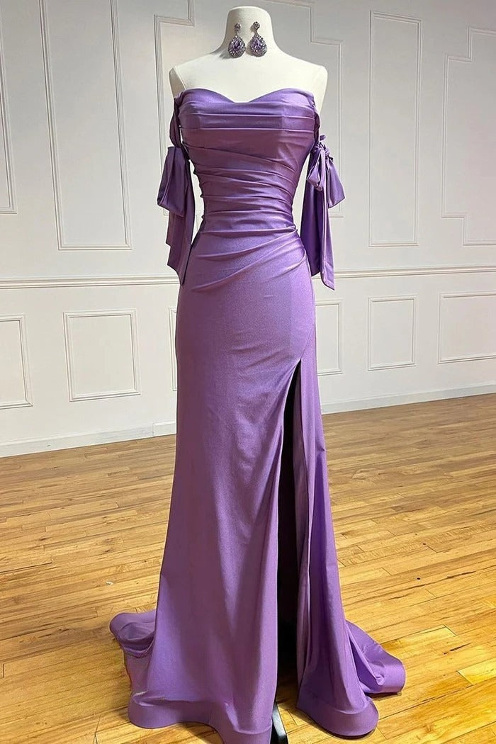 purple elegant dresses Fashion Purple Sweetheart Satin Pleated Sheath Silt Prom Dresses Elega – EvaFashionDress
