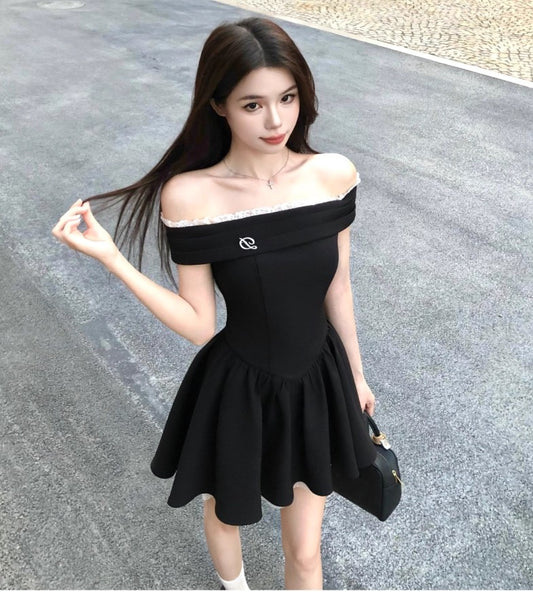 French style black off-shoulder dress summer short skirt  ED02306