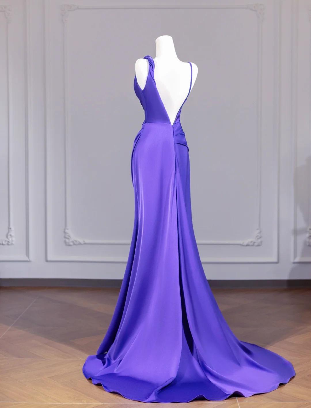 Elegant Purple Strap Mermaid Satin Backless Long Prom Dresses Formal Evening Gowns ED02311