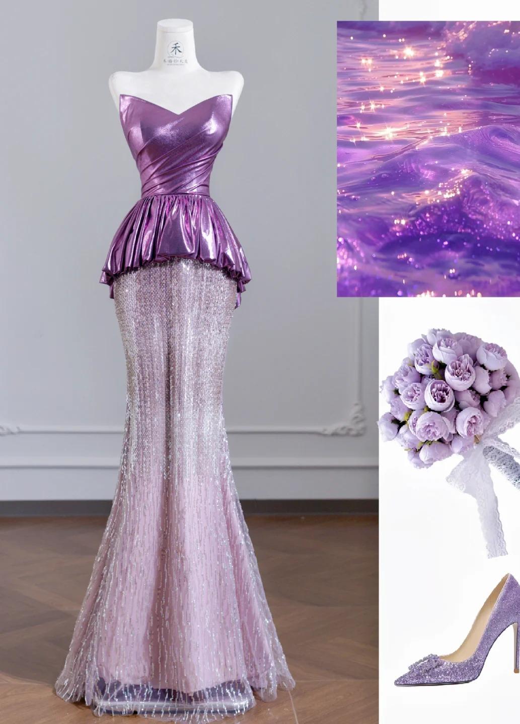Cute Strapless Pink and Purple Mermaid Long Prom Dresses Elegant Evening Gowns ED02314