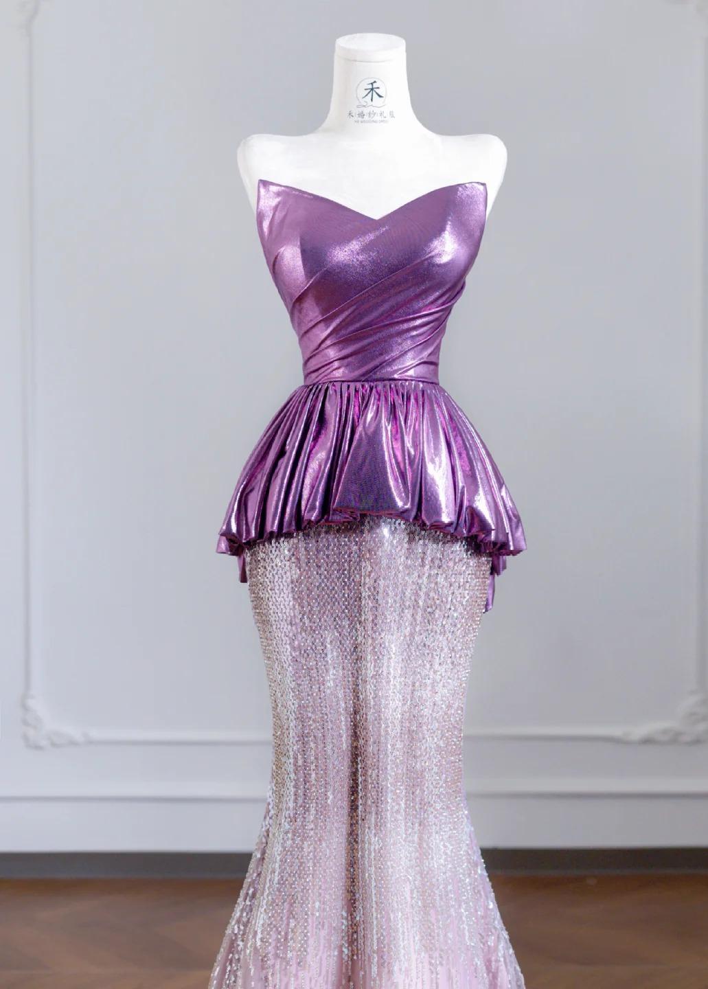 Cute Strapless Pink and Purple Mermaid Long Prom Dresses Elegant Evening Gowns ED02314