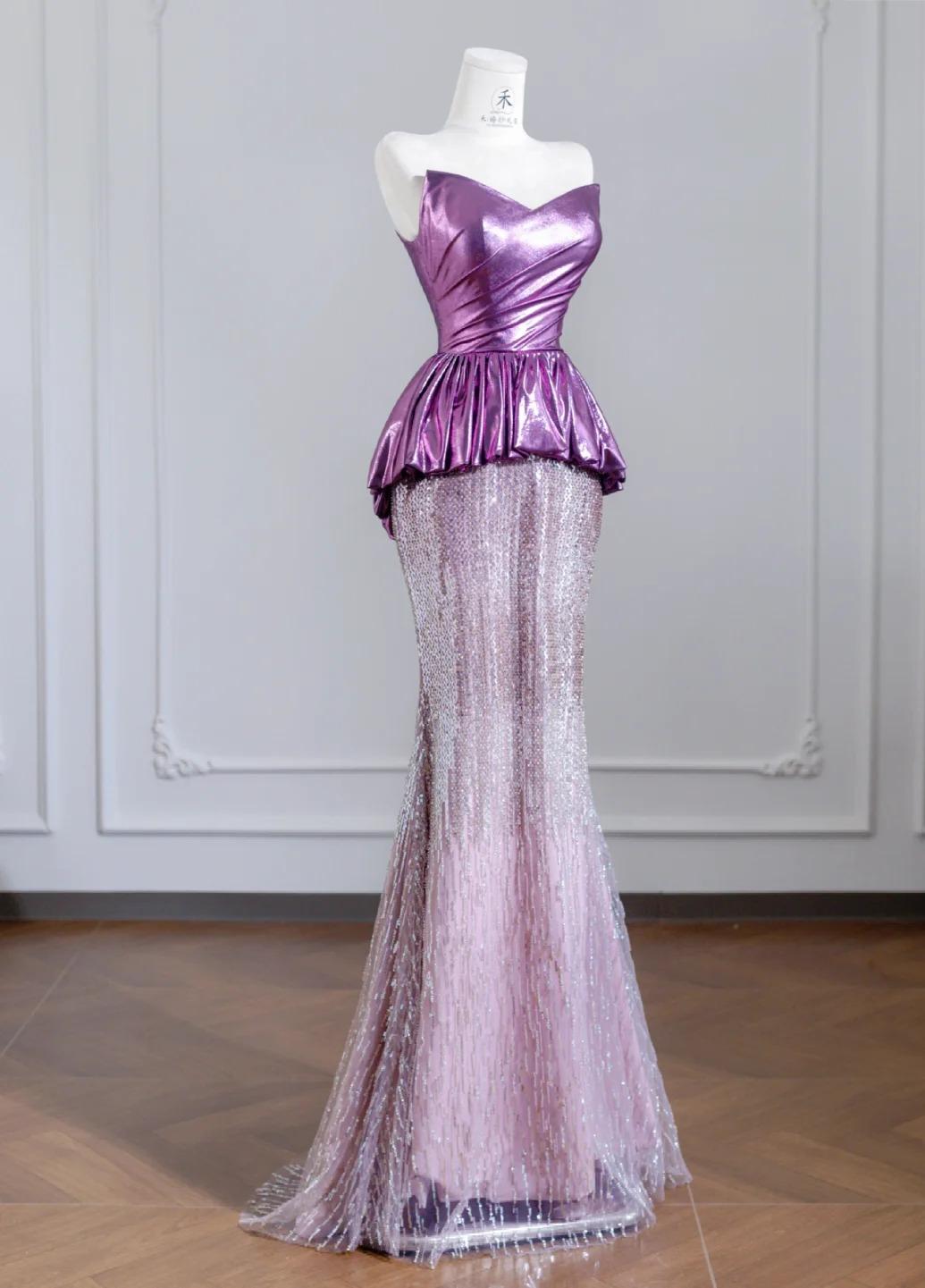 Cute Strapless Pink and Purple Mermaid Long Prom Dresses Elegant Evening Gowns ED02314