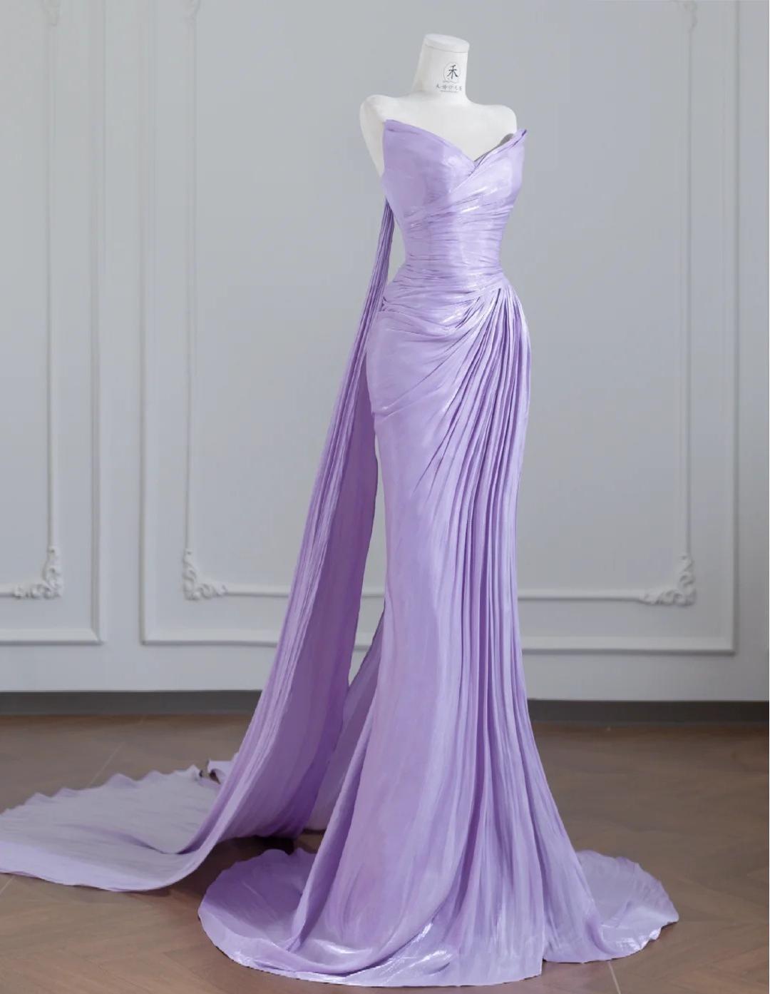 Simple Purple Strapless Mermaid Pleated Train Prom Dresses Formal Evening Gowns ED02318