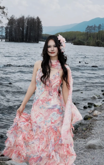 Fairytale Pink Spaghetti Straps Printed Chiffon Mermaid Prom Dresses Vintage Backless Evening Gowns ED02320