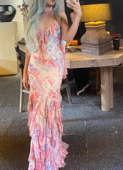 Fairytale Pink Spaghetti Straps Printed Chiffon Mermaid Prom Dresses Vintage Backless Evening Gowns ED02320