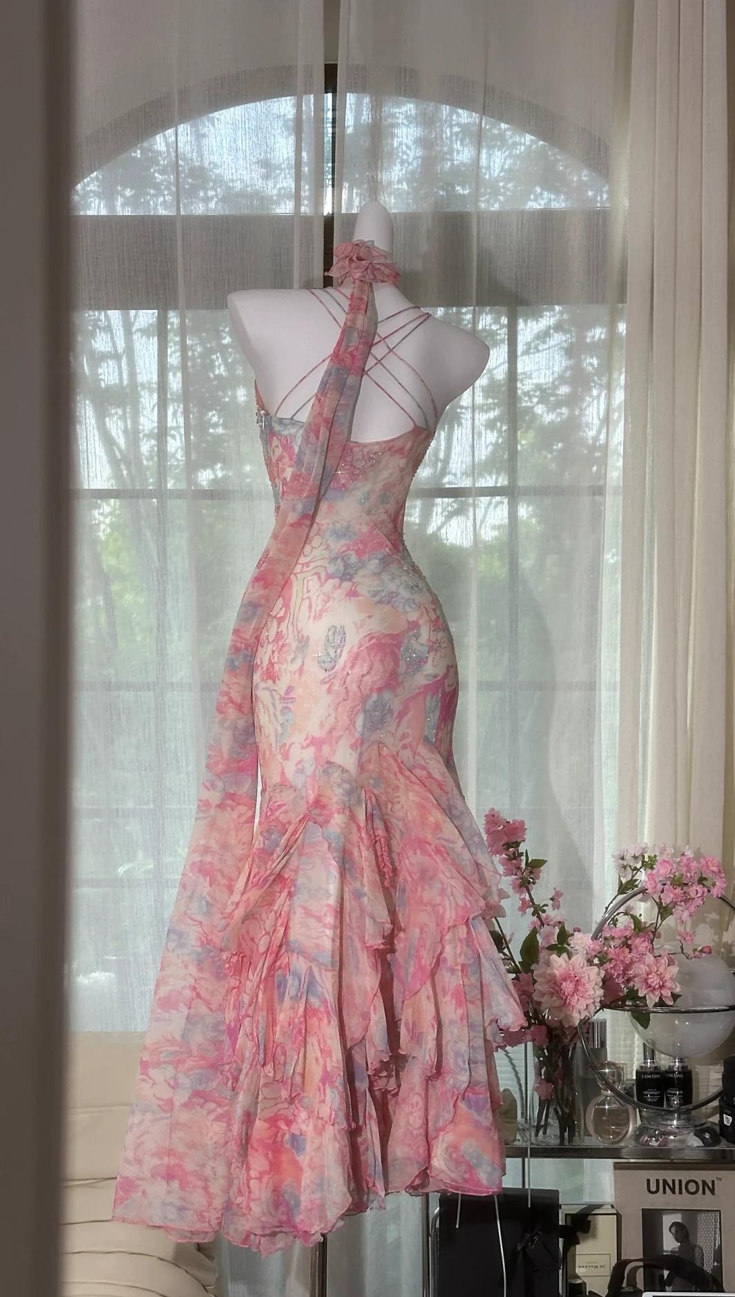 Fairytale Pink Spaghetti Straps Printed Chiffon Mermaid Prom Dresses Vintage Backless Evening Gowns ED02320