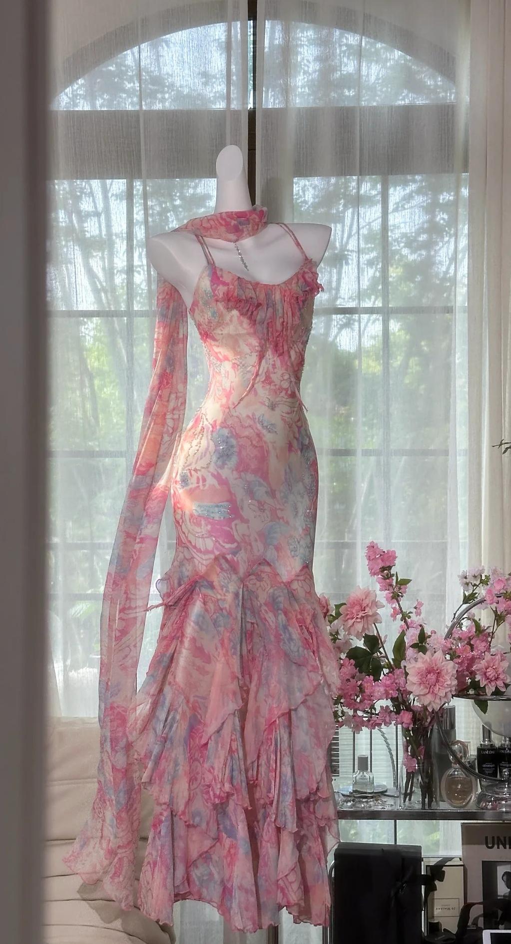 Fairytale Pink Spaghetti Straps Printed Chiffon Mermaid Prom Dresses Vintage Backless Evening Gowns ED02320