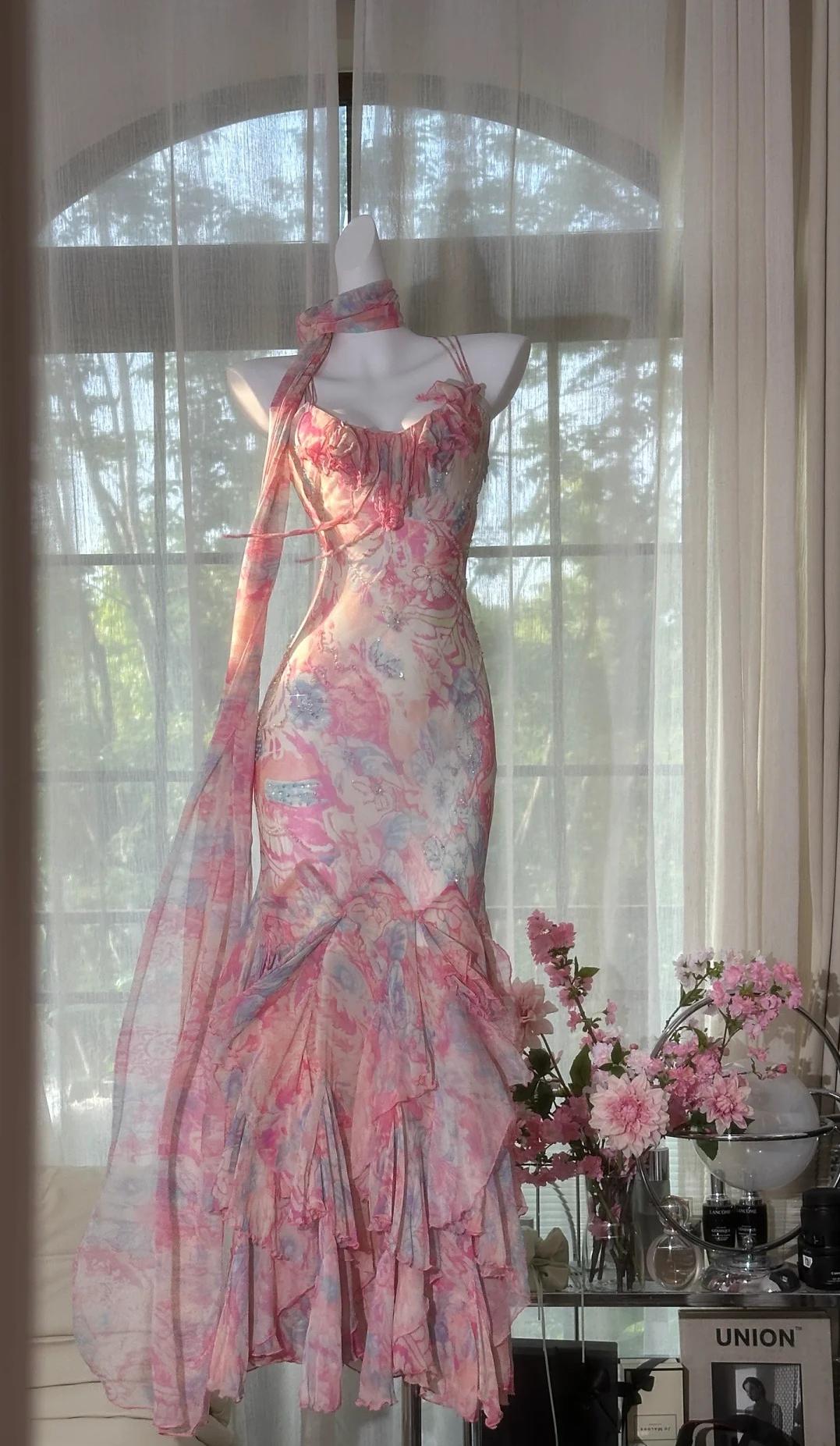 Fairytale Pink Spaghetti Straps Printed Chiffon Mermaid Prom Dresses Vintage Backless Evening Gowns ED02320
