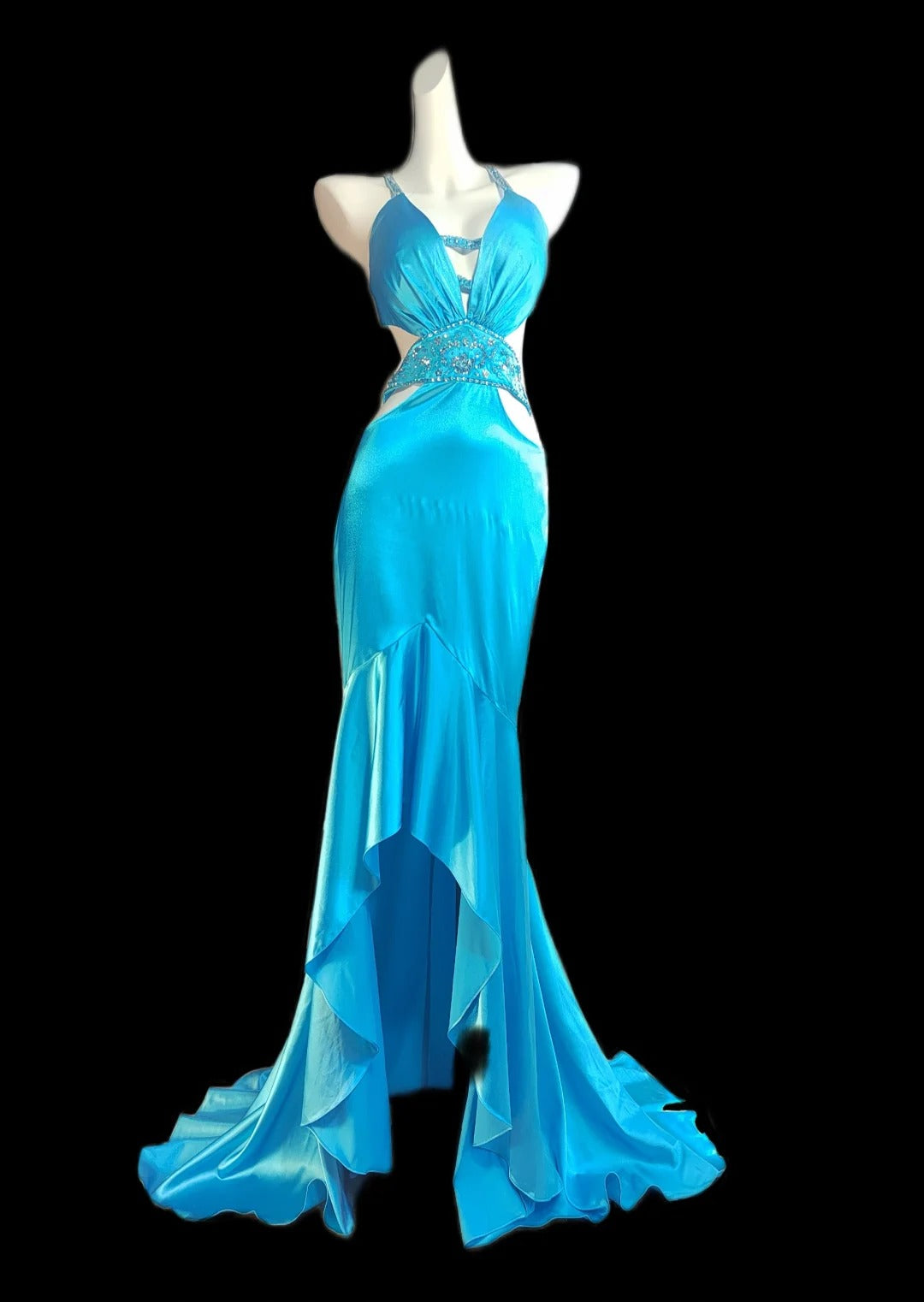 Robe de soirée élégante en satin bleu vintage à bretelles spaghetti et dos nu, avec perles et perles, ED02323