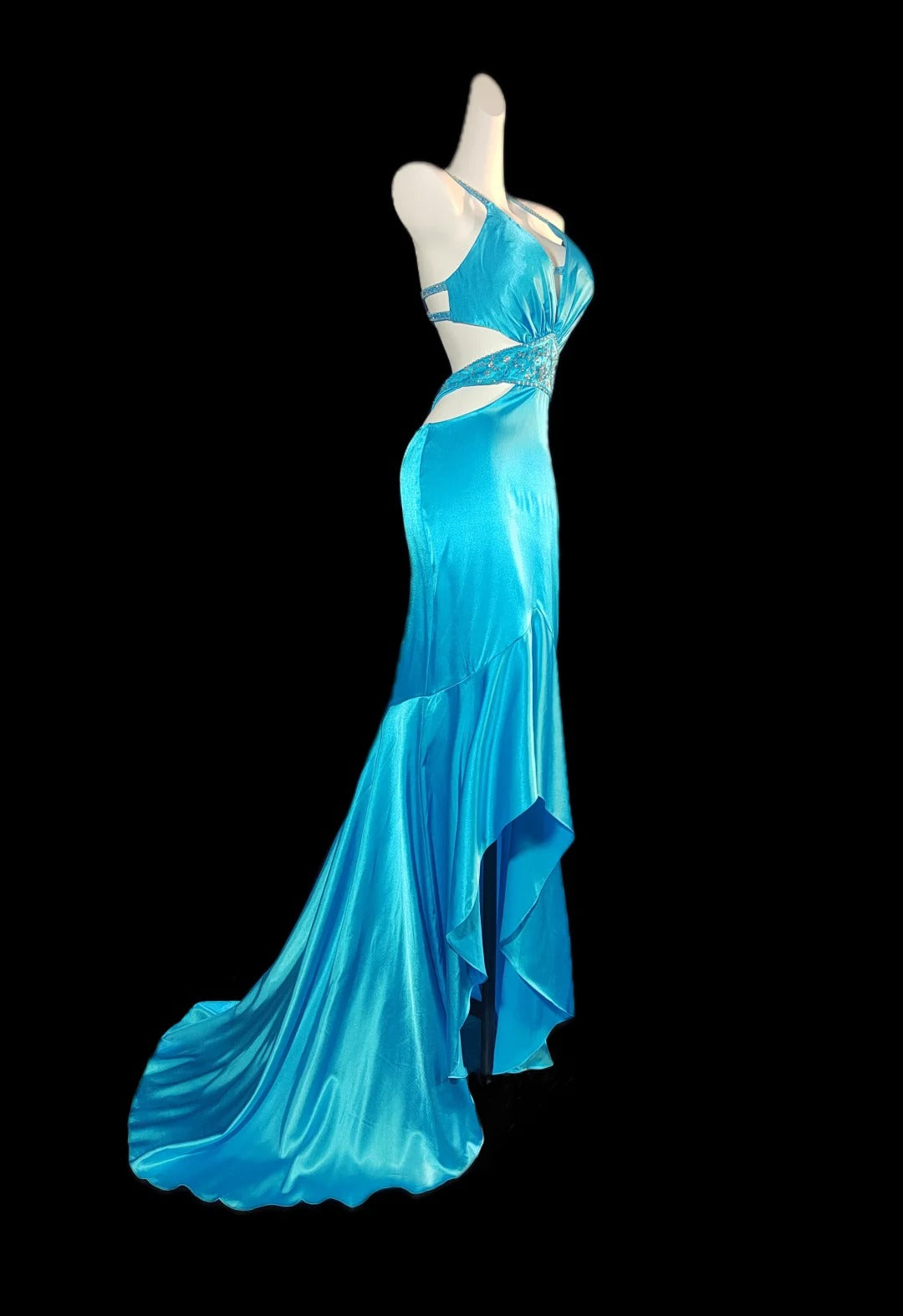 Robe de soirée élégante en satin bleu vintage à bretelles spaghetti et dos nu, avec perles et perles, ED02323