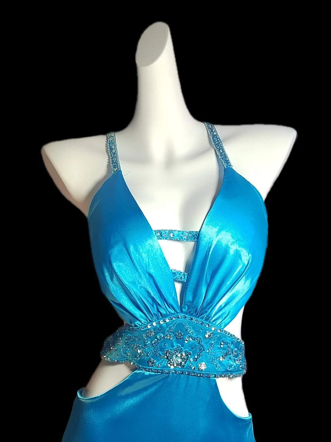 Robe de soirée élégante en satin bleu vintage à bretelles spaghetti et dos nu, avec perles et perles, ED02323