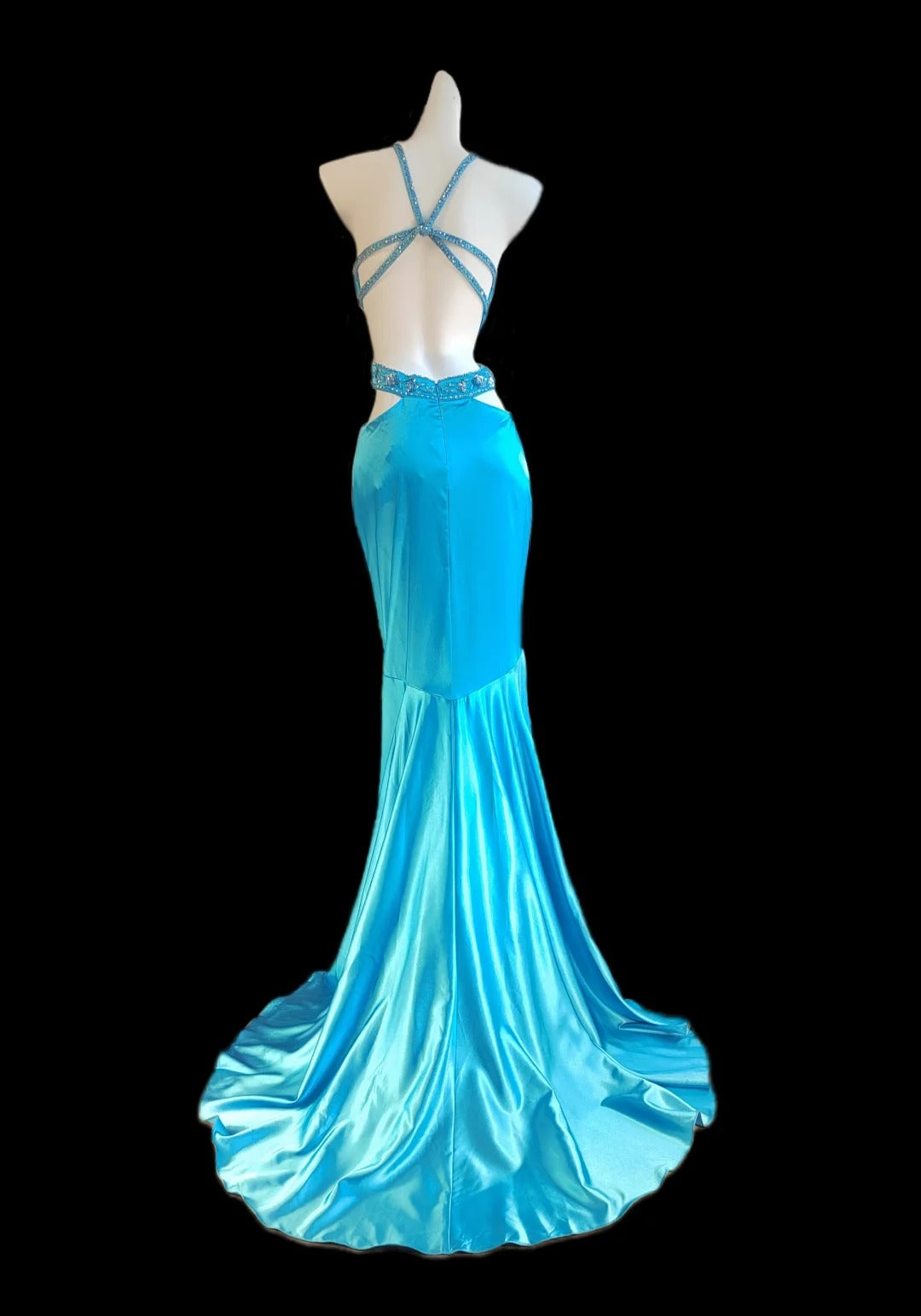 Robe de soirée élégante en satin bleu vintage à bretelles spaghetti et dos nu, avec perles et perles, ED02323