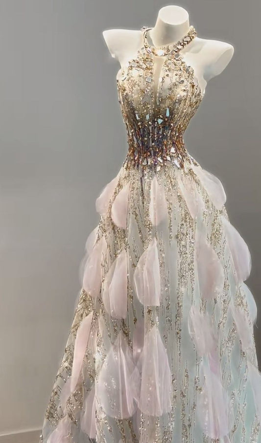 Märchenhafte Neckholder-A-Linie mit funkelndem Strass-Tüll, lange Ballkleider, formelle Abendkleider ED02328