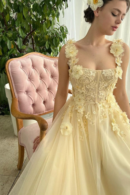 Süßes Buttergelbes A-Linien-Ballkleid mit quadratischem Ausschnitt und Tüllapplikationen, langes Abendkleid, formelle Abendkleider ED02330