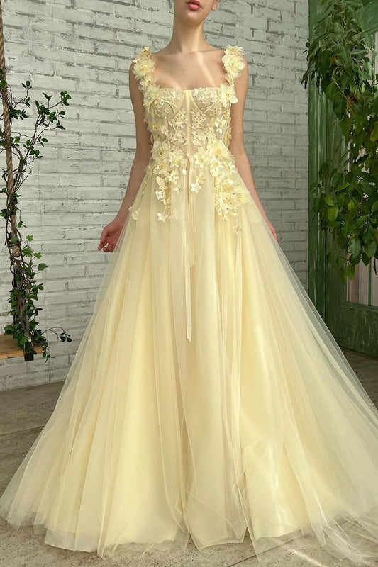 Süßes Buttergelbes A-Linien-Ballkleid mit quadratischem Ausschnitt und Tüllapplikationen, langes Abendkleid, formelle Abendkleider ED02330
