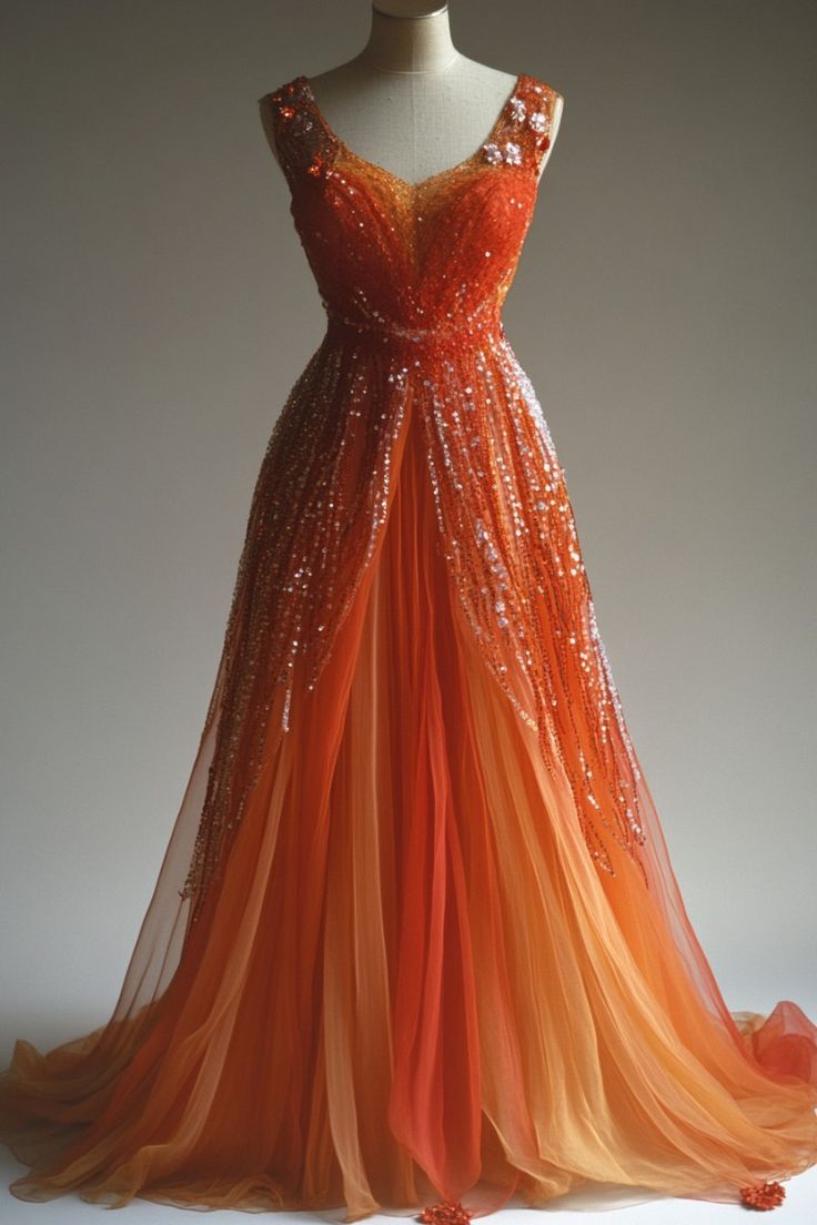 Stunning Orange V-Neck Tulle A-Line Sequins Long Prom Dresses Unique Evening Gowns ED02332