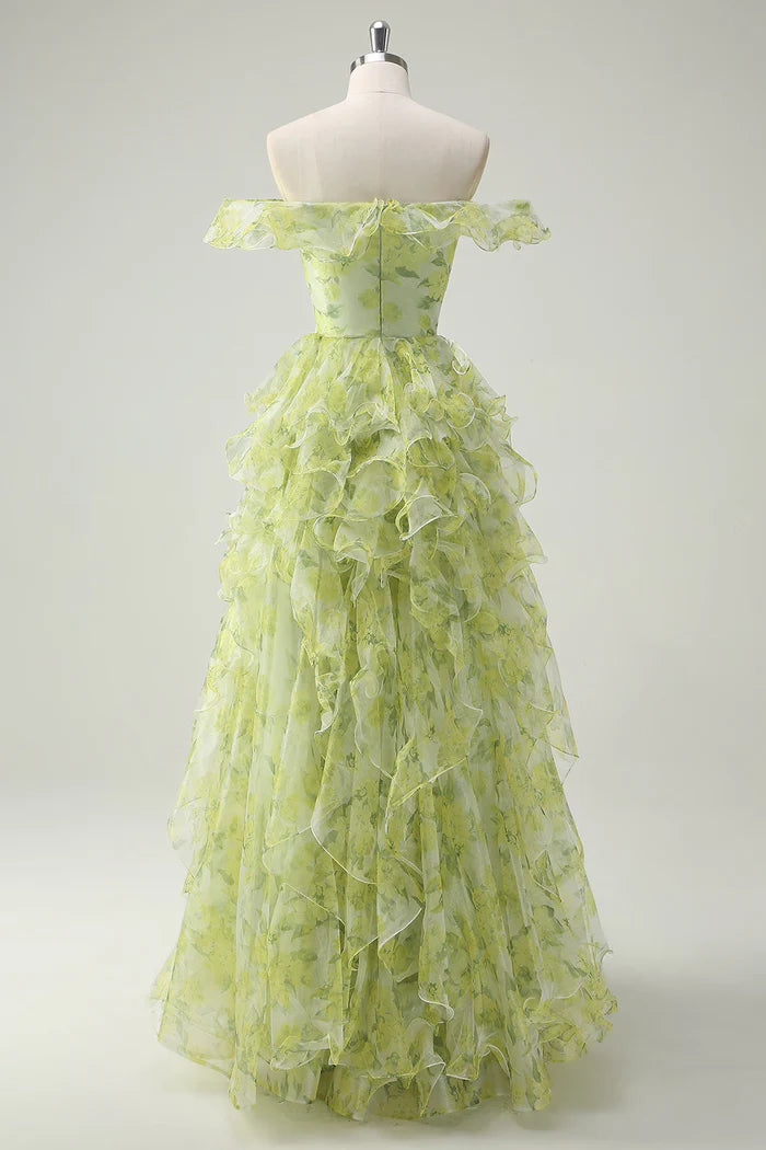 Princess-like Light Sage Green Square Neck Printed Chiffon A-Line Long Prom Dresses Birthday Evening Gowns ED02333