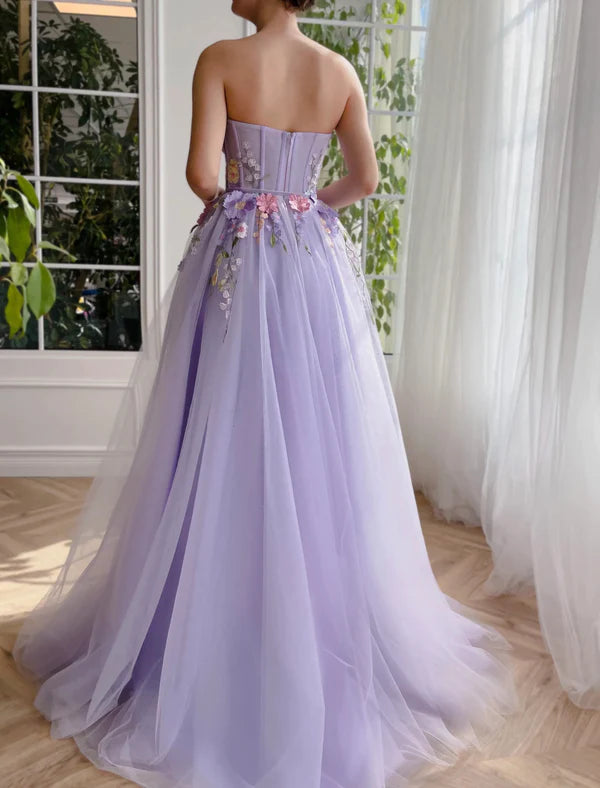 Fairytale Purple Strapless Applique Tulle A-Line Long Prom Dresses Formal Evening Gowns ED02336
