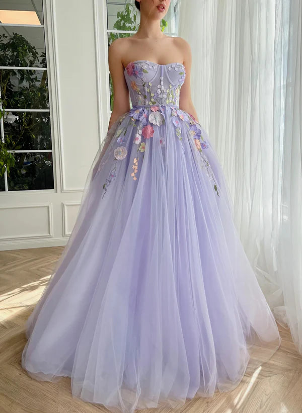 Fairytale Purple Strapless Applique Tulle A-Line Long Prom Dresses Formal Evening Gowns ED02336
