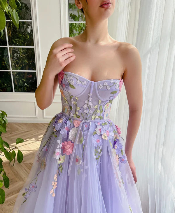 Fairytale Purple Strapless Applique Tulle A-Line Long Prom Dresses Formal Evening Gowns ED02336