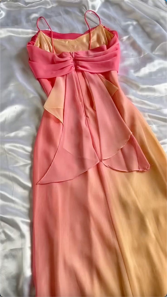 Gradient Pink  Sheath Spaghetti Straps Fairytale Chiffon Long Prom Dresses Vintage Party Dress