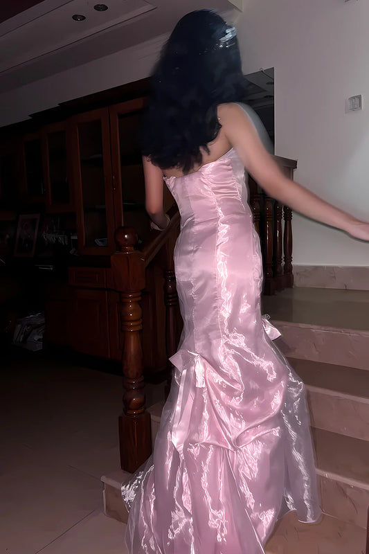 Elegant Strapless Pink Tulle Mermaid Long Prom DressesFormal Evening Gowns ED02349