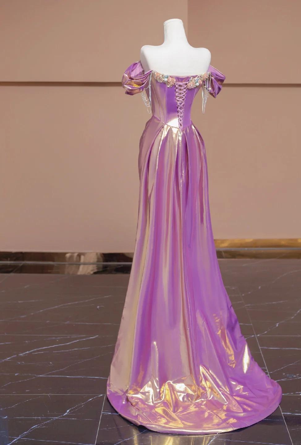Superbe robe de bal trapèze violette à épaules dénudées et perles, élégante robe de soirée formelle ED02356