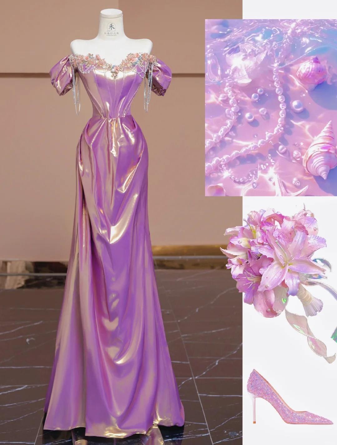 Superbe robe de bal trapèze violette à épaules dénudées et perles, élégante robe de soirée formelle ED02356