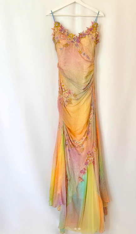 Glam Yellow Pink Spaghetti Straps Chiffon Embroidered Appliques Mermaid Prom Dresses Formal Evening Gowns